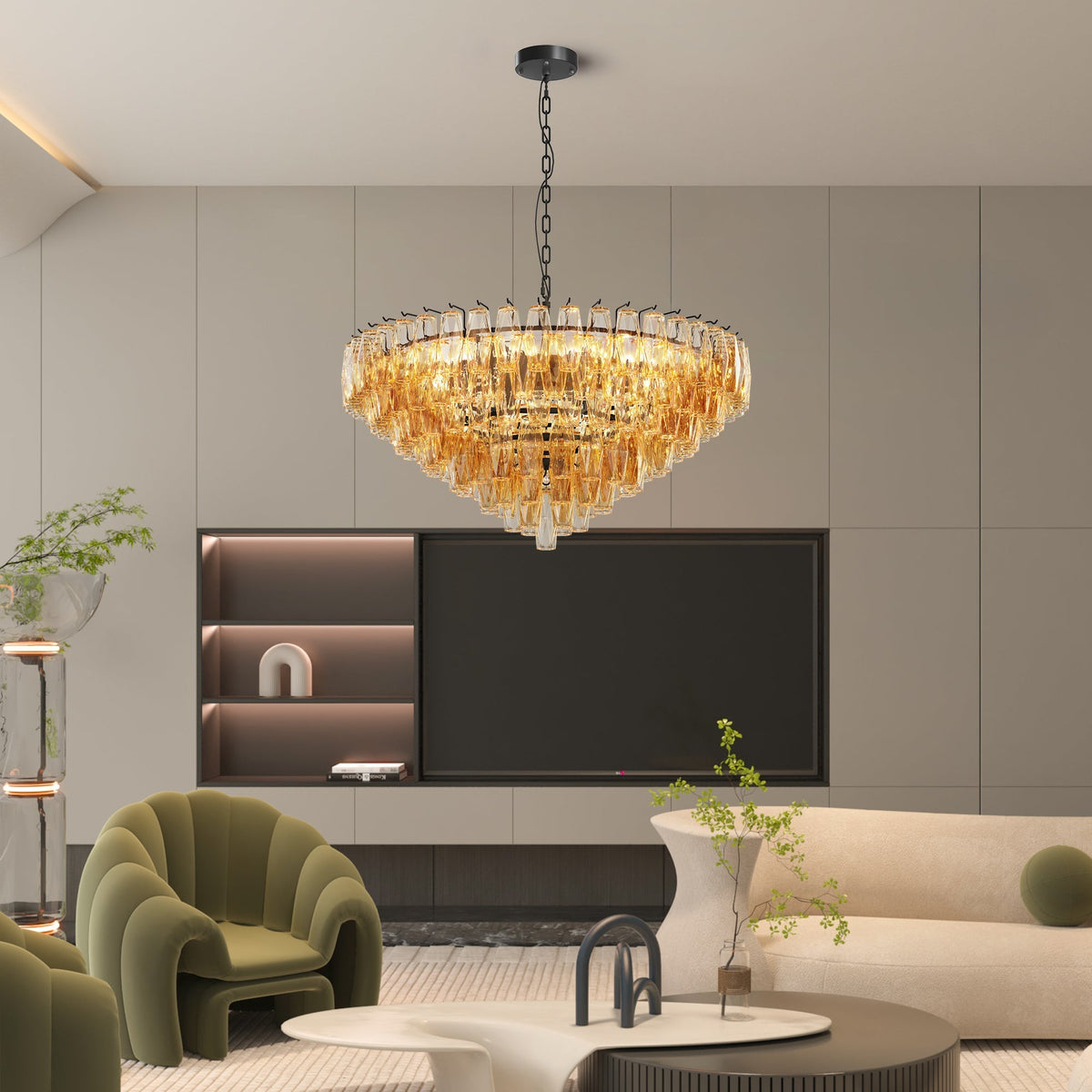 Modern Round 14-Light Black Chandelier with Smoke Glass Tubes