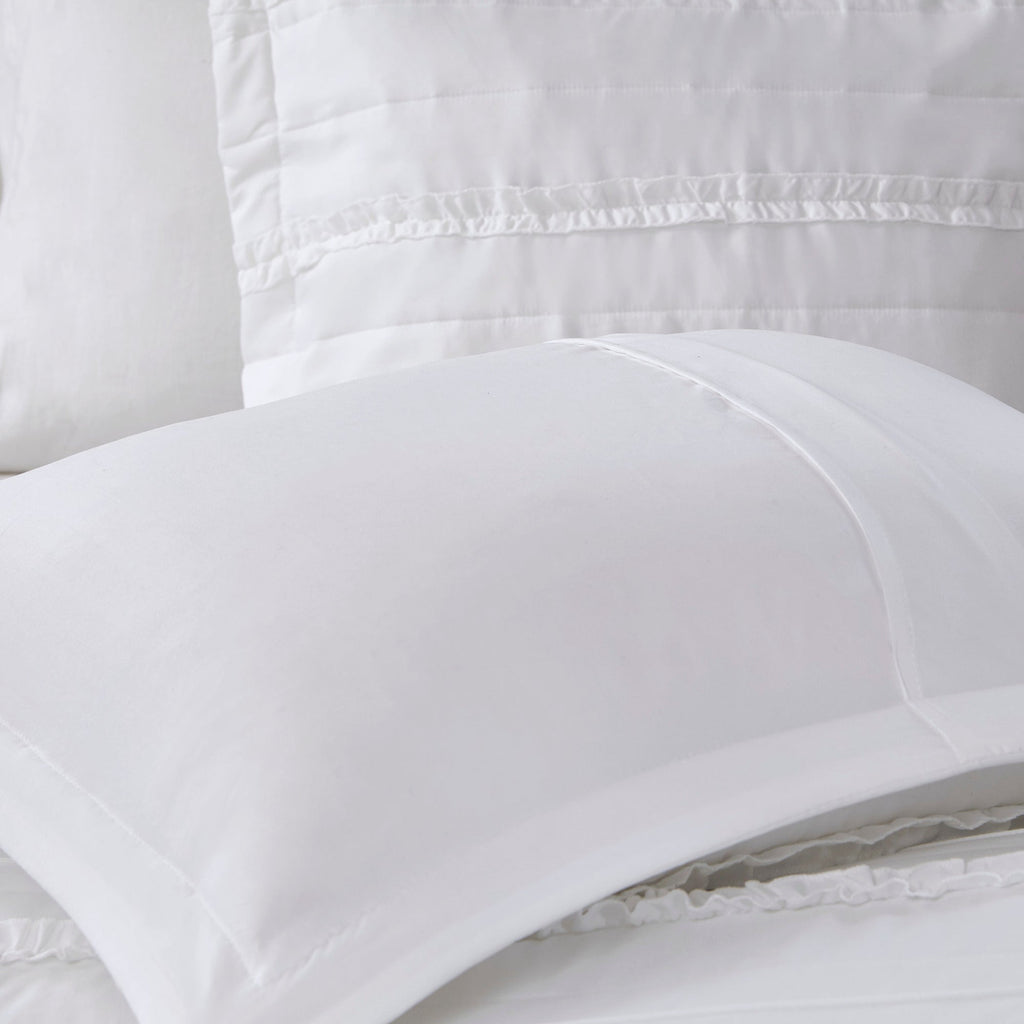 5 Piece Ruffled Comforter Set with Embroidered Decorative Pillow - White