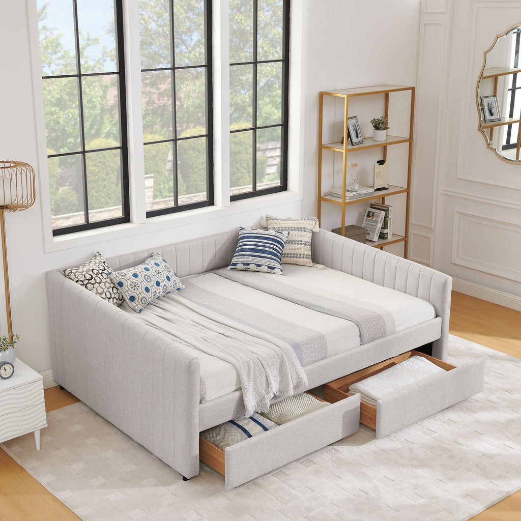 Upholstered Queen Daybed with 2 Drawers - Fabric Storage Bed - Beige or Gray