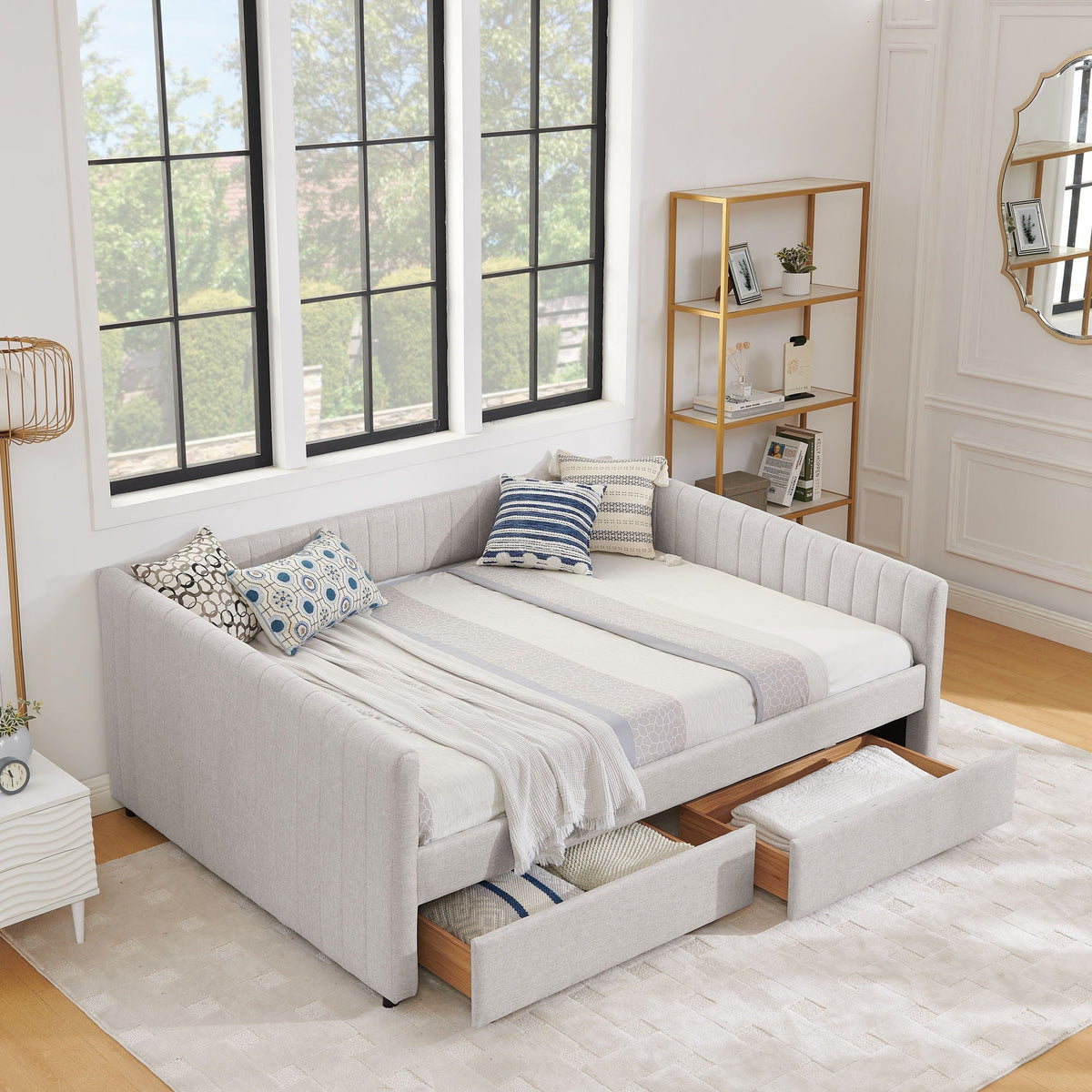 Upholstered Queen Daybed with 2 Drawers - Fabric Storage Bed - Beige or Gray