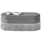 Oval Upholstered Storage Ottoman with Fringe Trim - Multi-Functional Ottoman