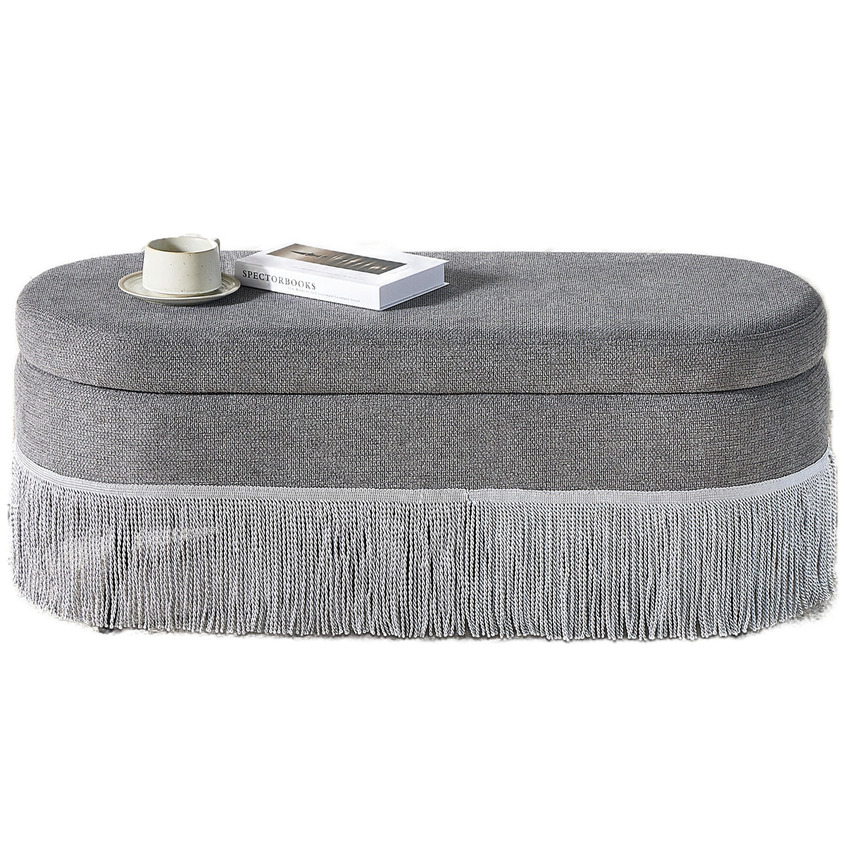 Oval Upholstered Storage Ottoman with Fringe Trim - Multi-Functional Ottoman