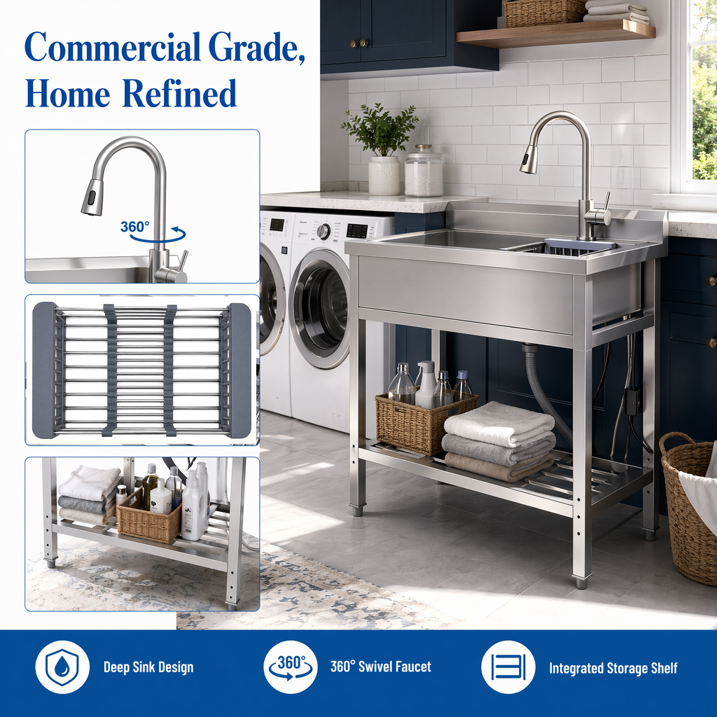 Stainless Steel Utility Sink with Large Compartment & Pull-Out Faucet - Silver