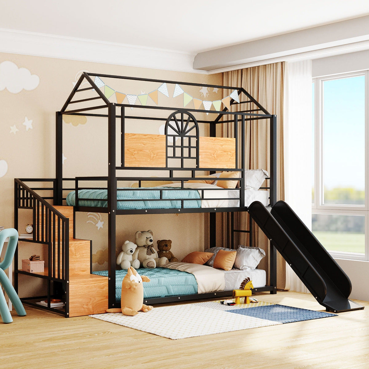 Metal Bunk Bed with Slide and Storage Stairs