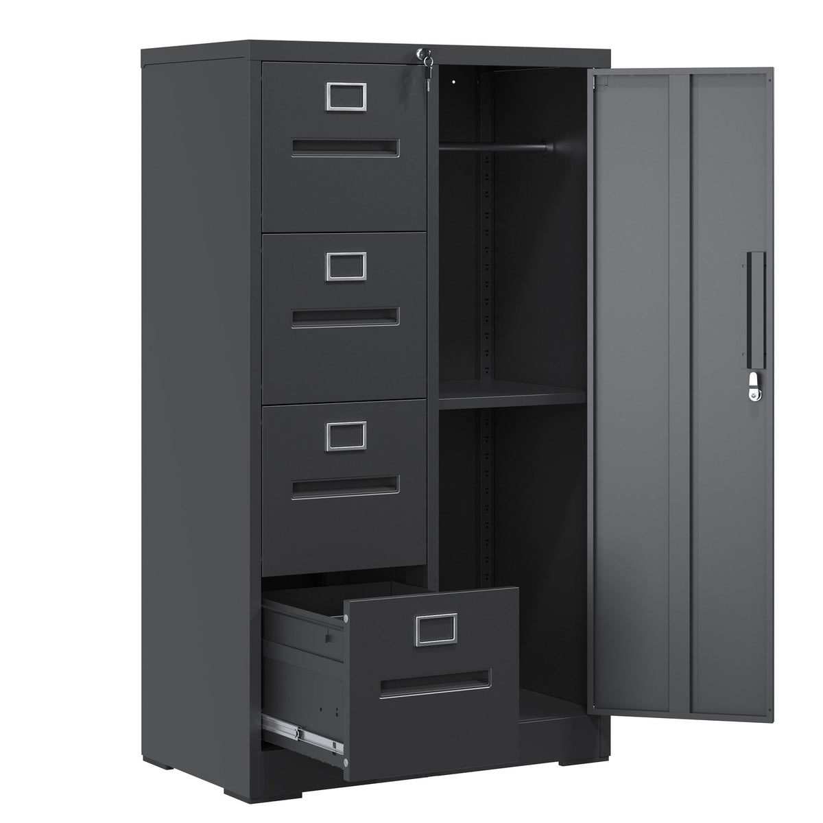 Steel Vertical Filing Cabinet with Lock and Wardrobe Compartment - Black or White