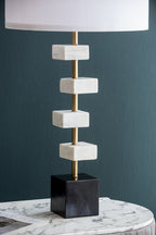 White Marble Table Lamp with Brass Frame and Fabric Shade - 15" W x 30" H