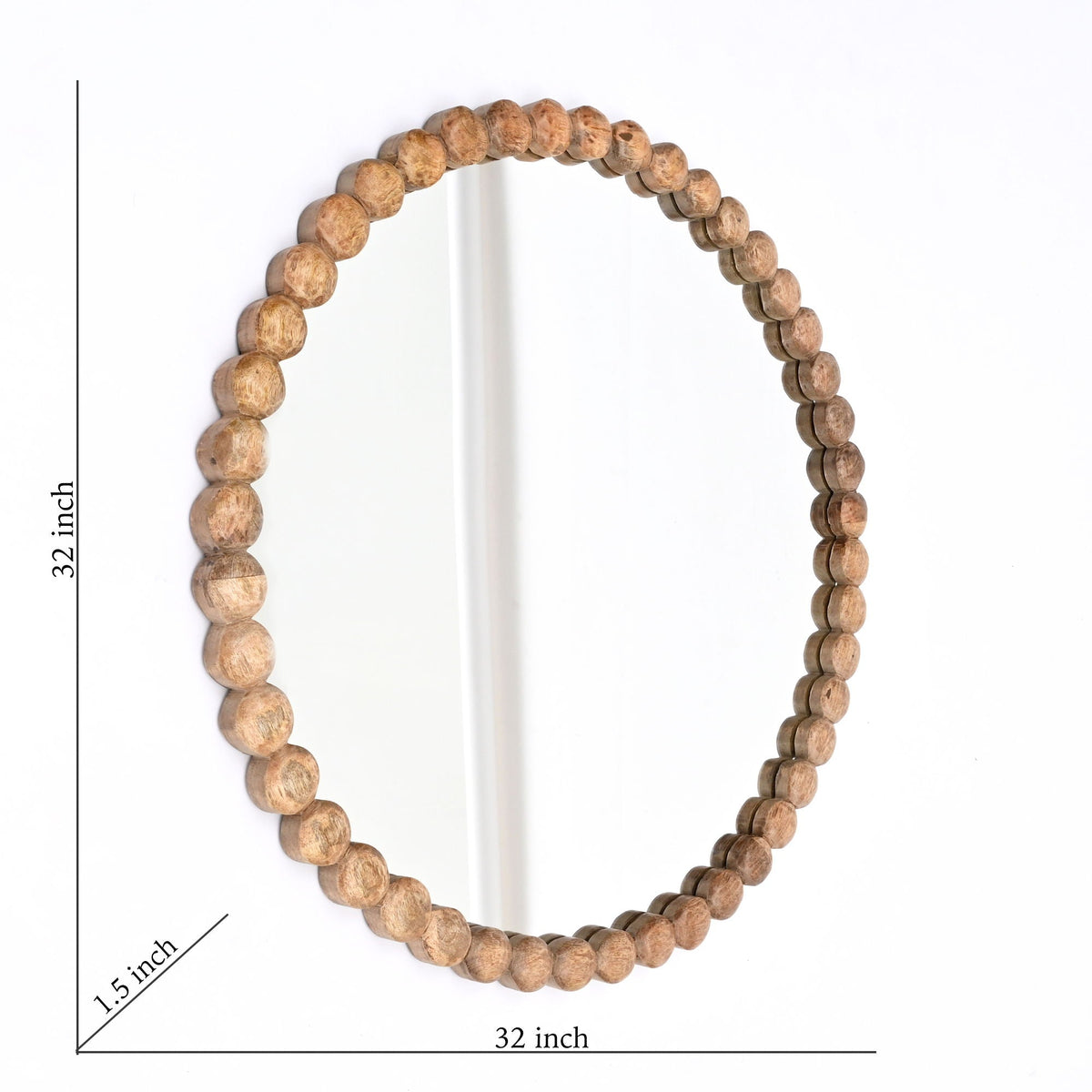 Decorative Round Hanging Wall Mirror with Bead Design Frame - Natural