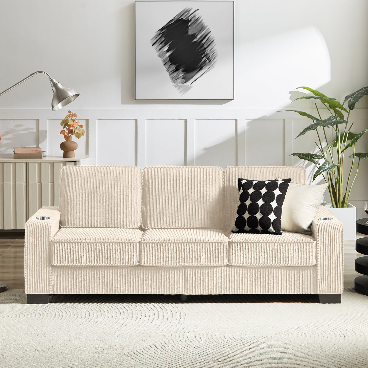 Modern Corduroy 3-Seater Sofa with Cup Holders - Black, Gray, Beige, Pink, or Green