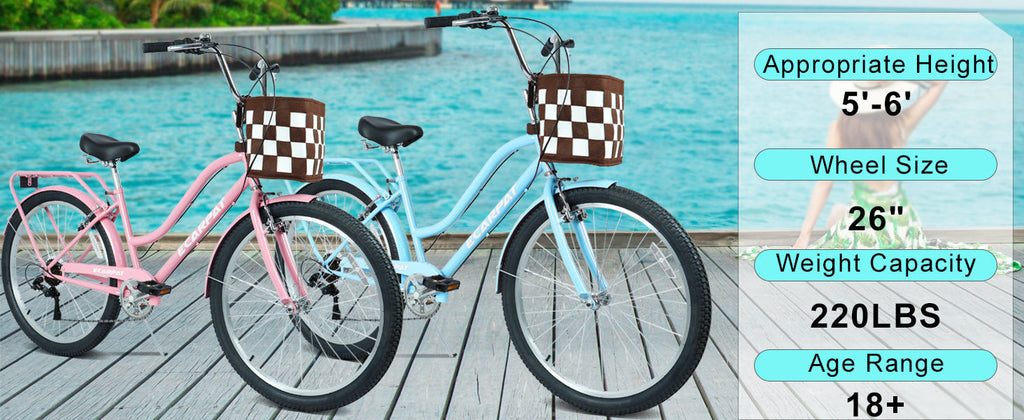 26 Inch 7-Speed City Commuter Bike with Lock & Detachable Basket - Pink