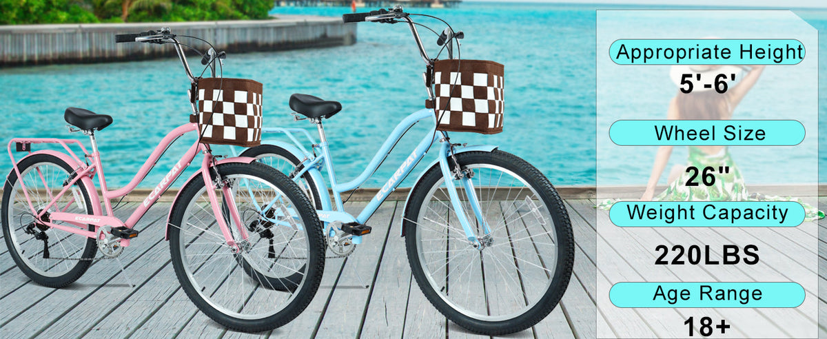 26 Inch 7-Speed City Commuter Bike with Lock & Detachable Basket - Pink