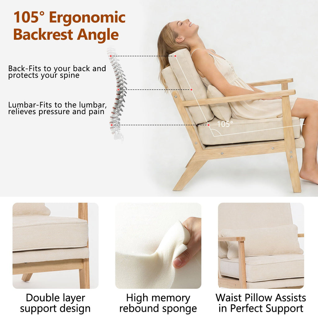 Living Room Chair with Lumbar Pillow and Solid Wood Frame - Dark Gray, Dark Green, Beige