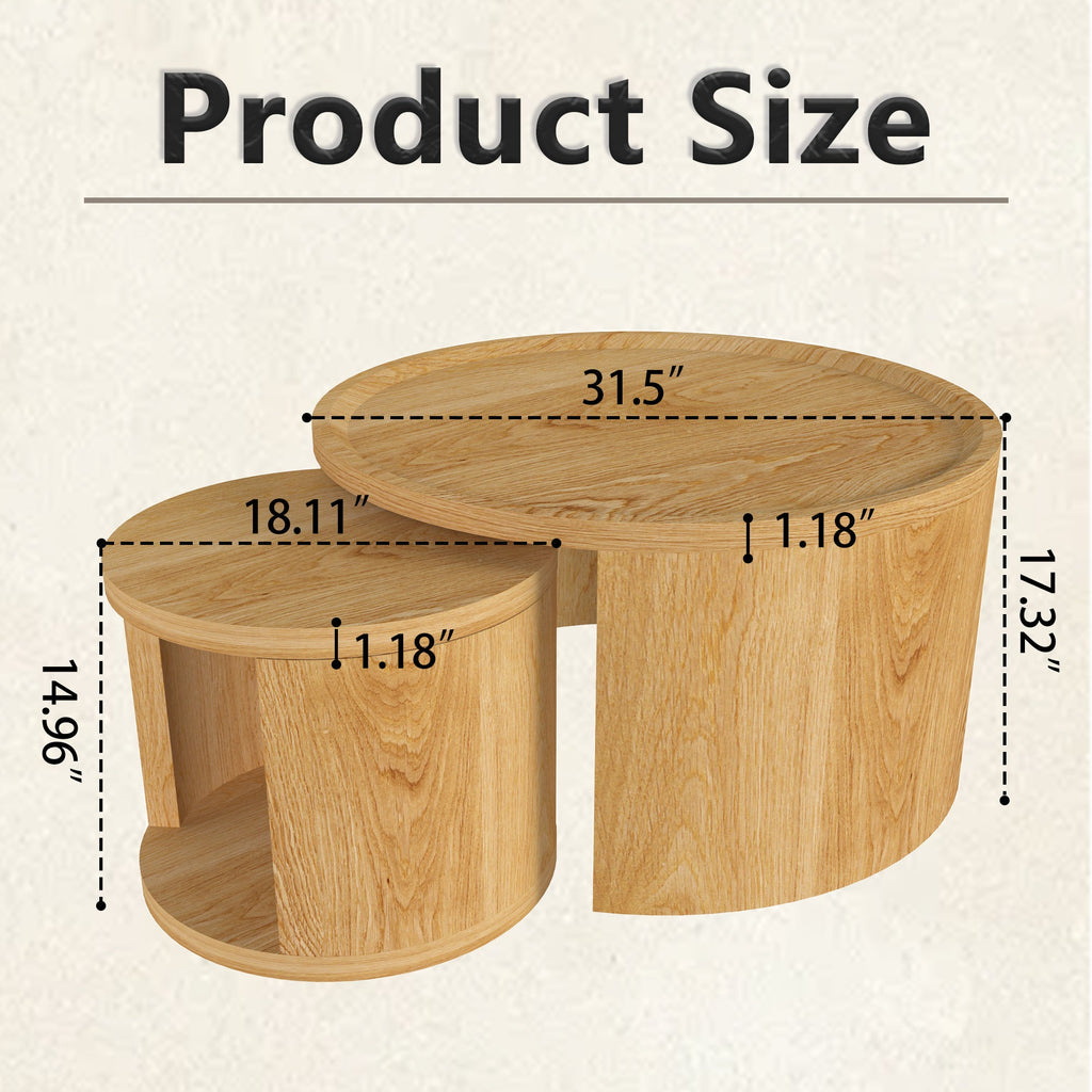 Modern Round Nesting Coffee Table Set of 2 with Wood Tops