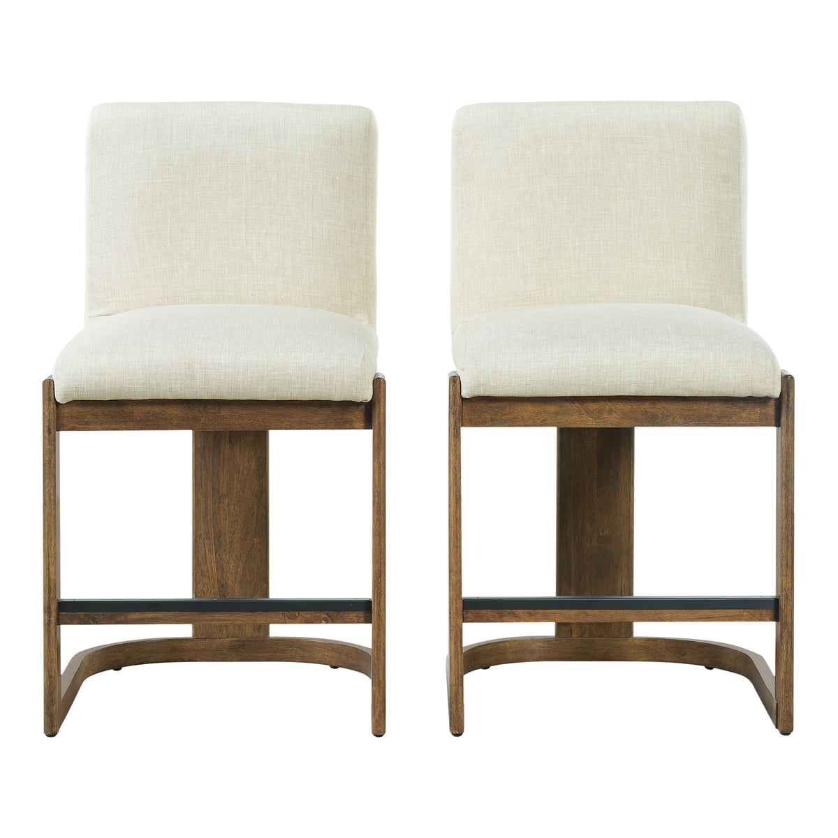 Modern Bar Stools Set of 2 with Plush Polyester Cushion - Walnut & Beige