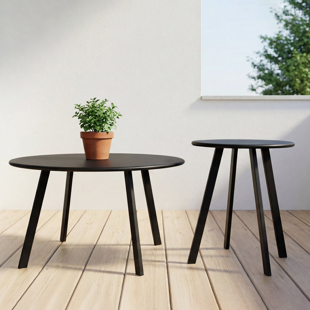 Modern 2-Piece Round Nesting Coffee Table Set with Weather-Resistant Iron - Black