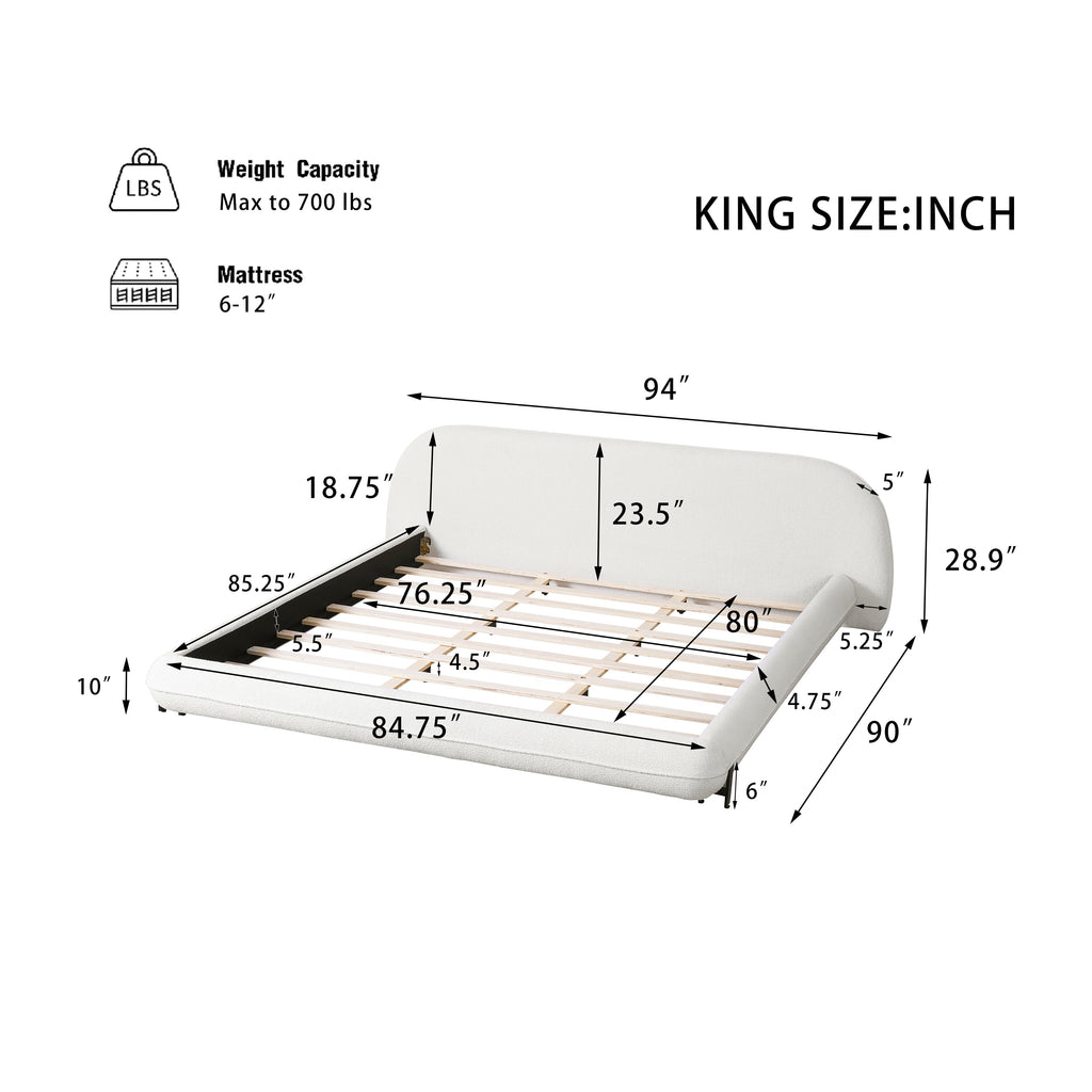 King Size Bed Frame with Boucle Fabric and Thick Headboard - Off White