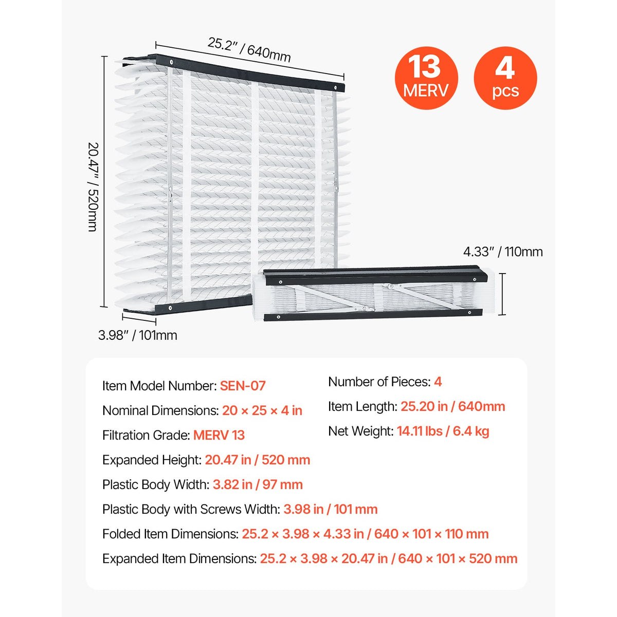 MERV 13 Electrostatic Pleated HVAC Furnace Filter 4-Pack with High Efficiency - White