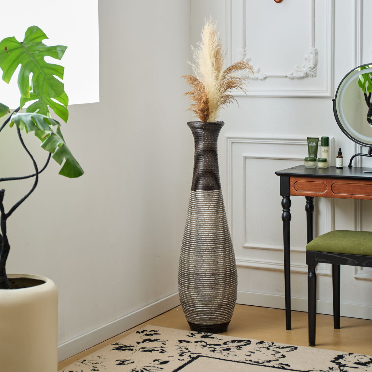 Tall Artificial Rattan Floor Vase with Two-Tone Finish - Black / Gray