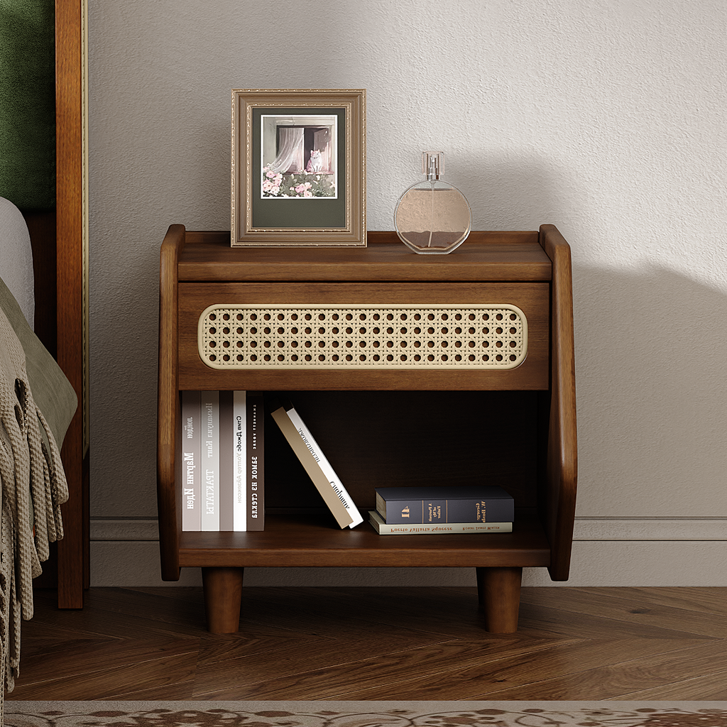 Walnut Nightstand with Rattan Detail for Modern Bedrooms - Walnut