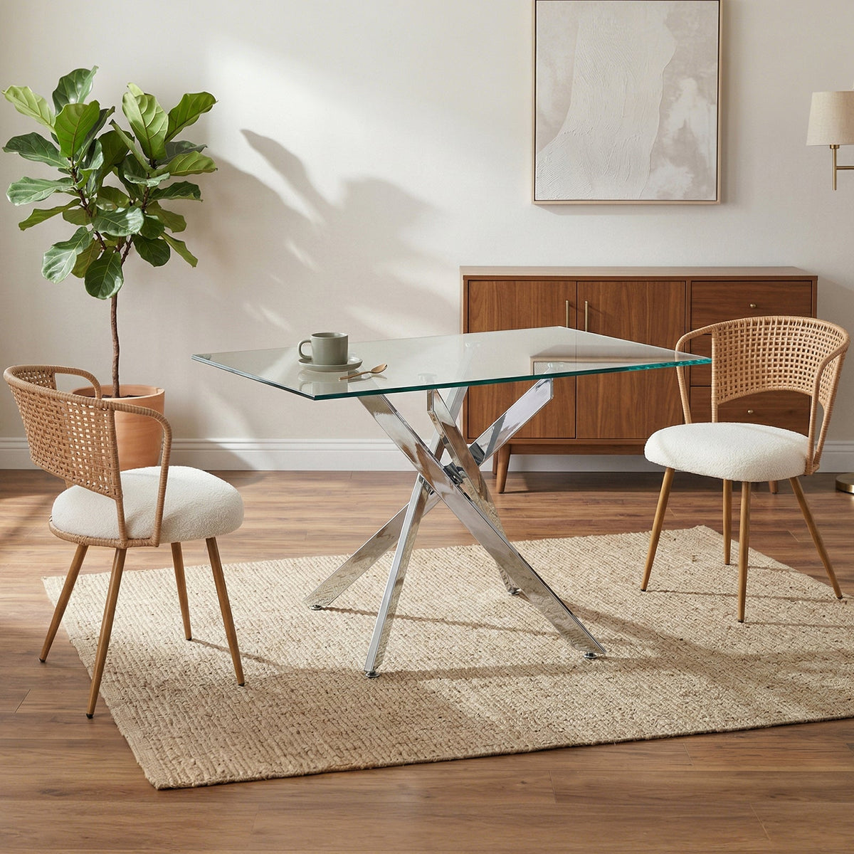 Wicker Dining Chairs - 2-Piece Set with Cushioned Cane Back - Brown