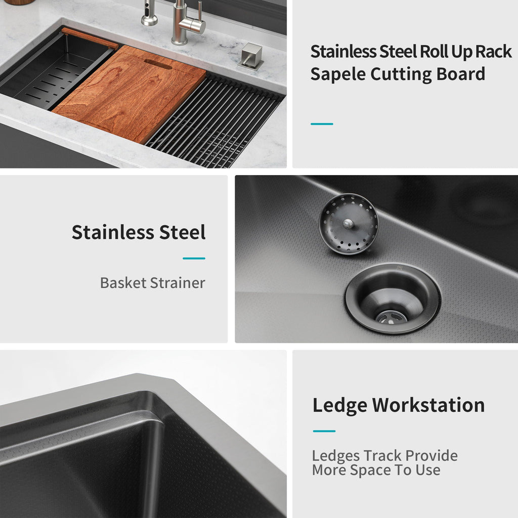 Gunmetal Black Workstation Kitchen Sink with Multifunction Ledge - 33" Undermount