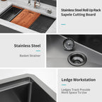 Gunmetal Black Workstation Kitchen Sink with Multifunction Ledge - 33" Undermount
