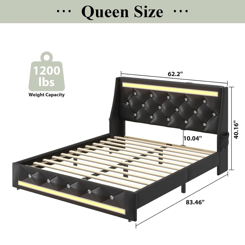 Wingback Upholstered Bed Frame with LED Lights and Charging Station - Black or White