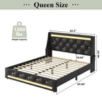 Wingback Upholstered Bed Frame with LED Lights and Charging Station - Black or White
