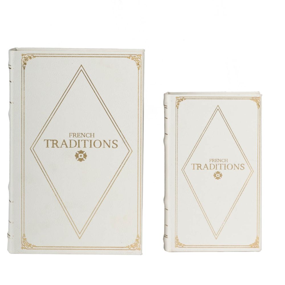 Book Boxes Set of 2 with Faux Leather Covers - White / Gold