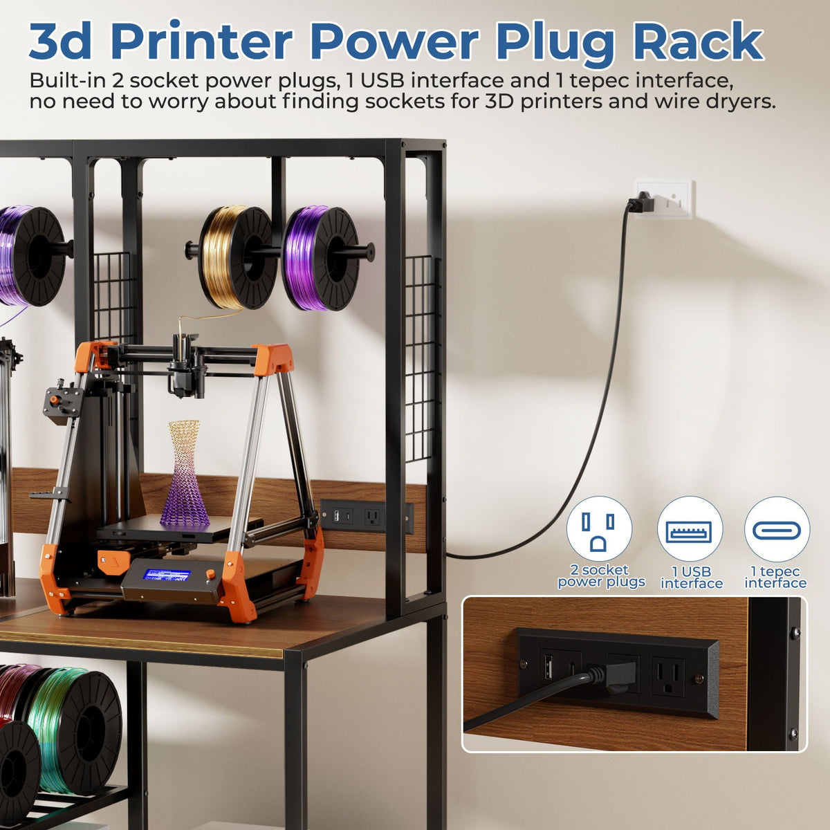 Double 3D Printer Stand with Filament Storage and Lockable Wheels - Black