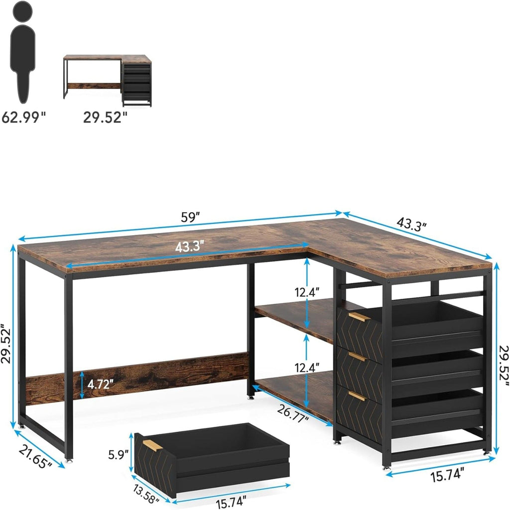 L-Shaped Computer Desk with Drawers and Shelves - Black or Dark Brown
