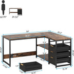 L-Shaped Computer Desk with Drawers and Shelves - Black or Dark Brown