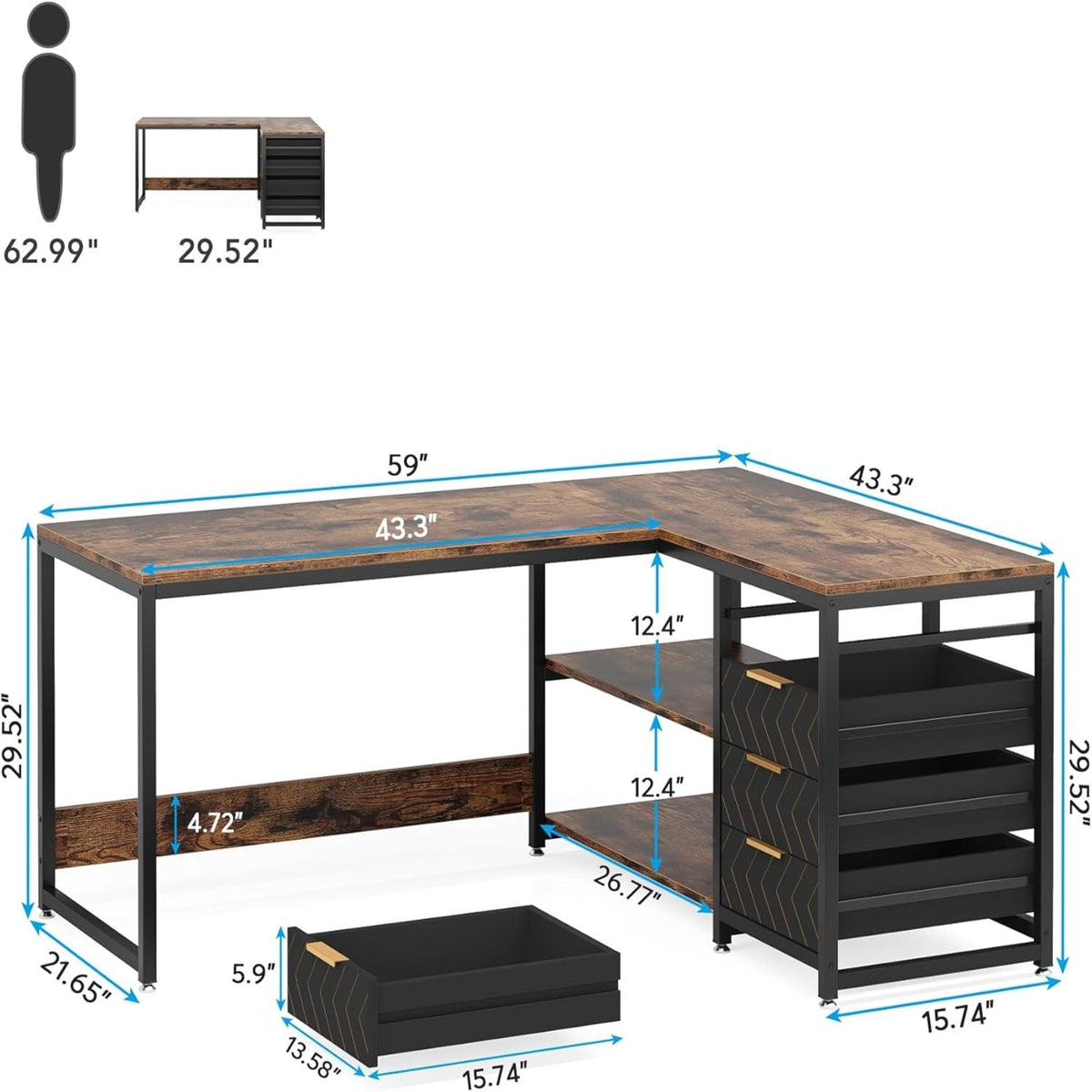 L-Shaped Computer Desk with Drawers and Shelves - Black or Dark Brown