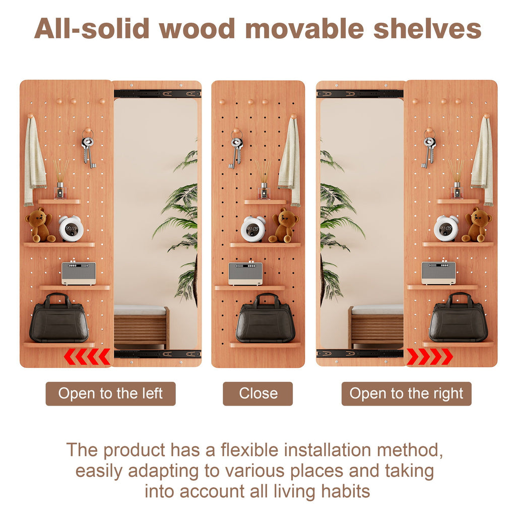 Full Length Wall Mounted Mirror with Shelf and Hook - Dark Brown, White, or Light Brown
