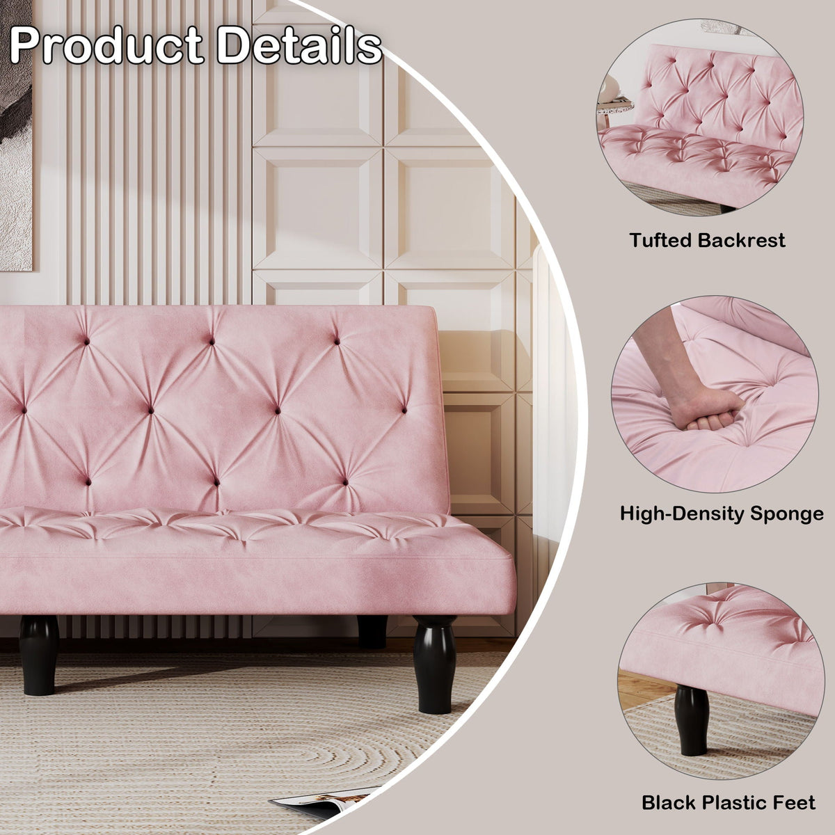 Sofa Bed With Adjustable Backrest with Premium Fabric – Black or Pink