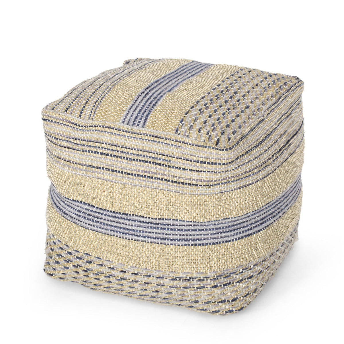 Handcrafted Fabric Pouf with Durable Hemp and Wool - Natural / Blue