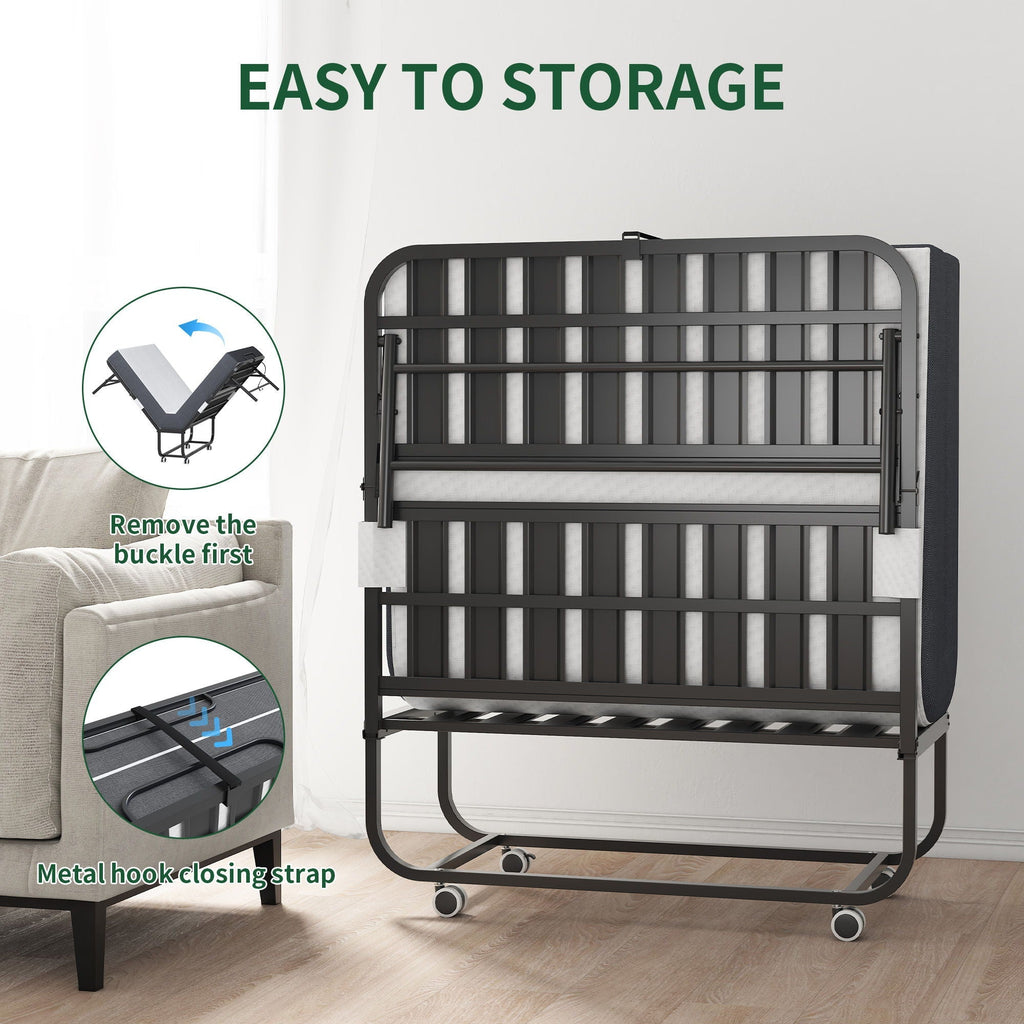 Twin Folding Bed with Memory Foam Mattress and Sturdy Metal Frame - Brushed Nickel