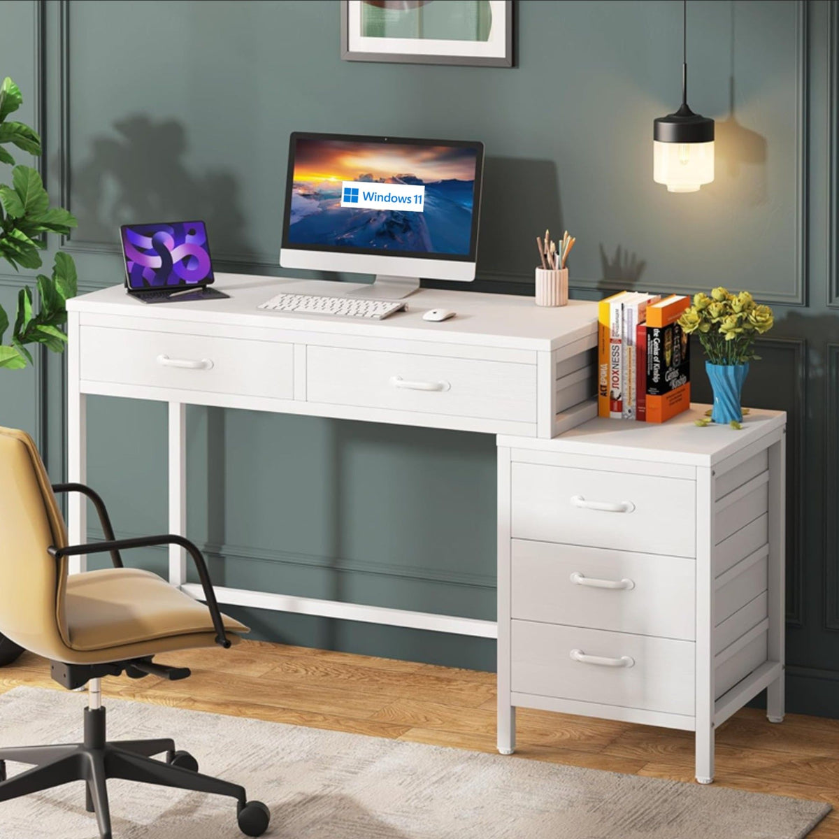 Computer Desk with Reversible 5 Drawer Storage - White or Light Brown
