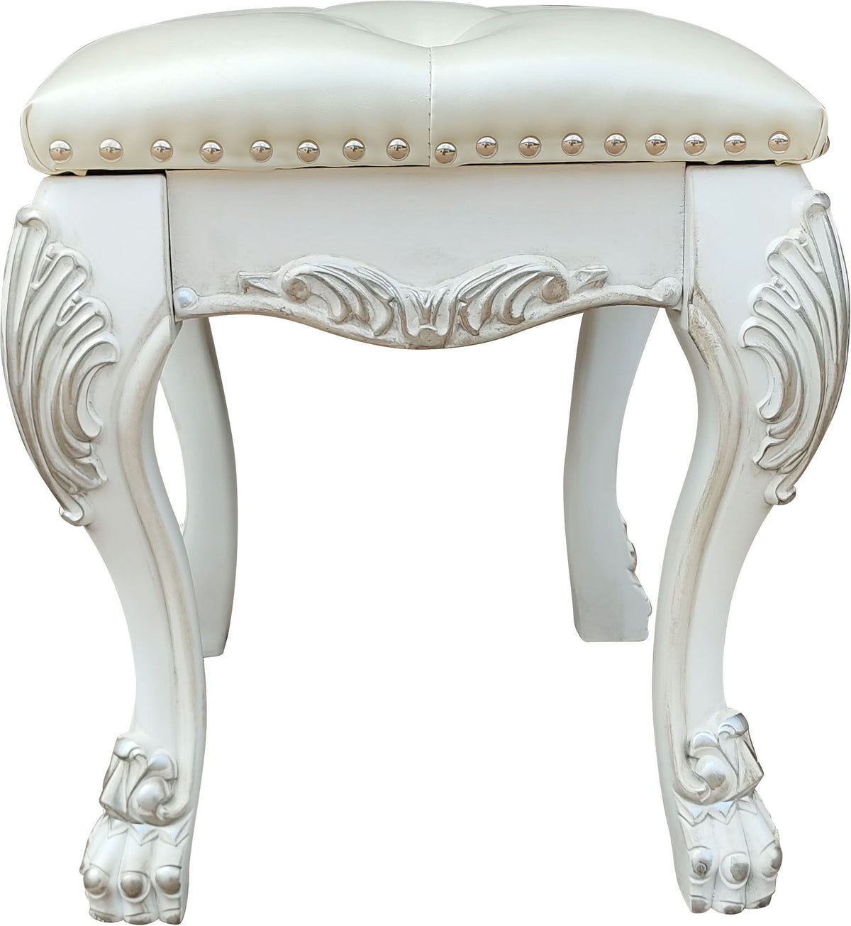 Bone White Vanity Stool with Foam-Padded PU Leather Seat