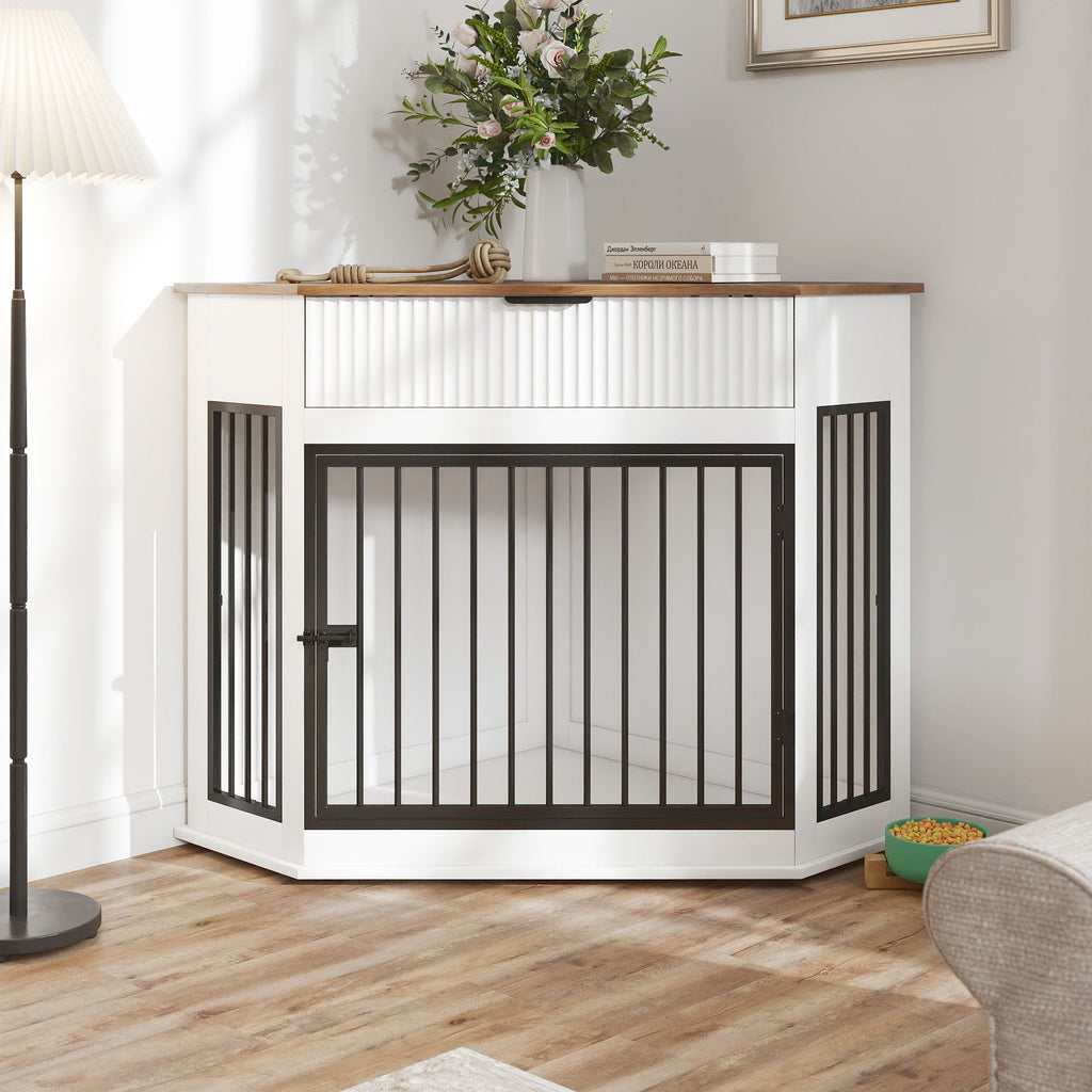 Corner Dog Crate with Fluted Drawer - White or Dark Brown