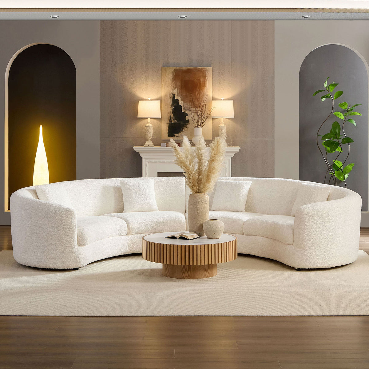 Classic Curved Tight Back Sofa with 4 Pillows - Polyester Upholstery