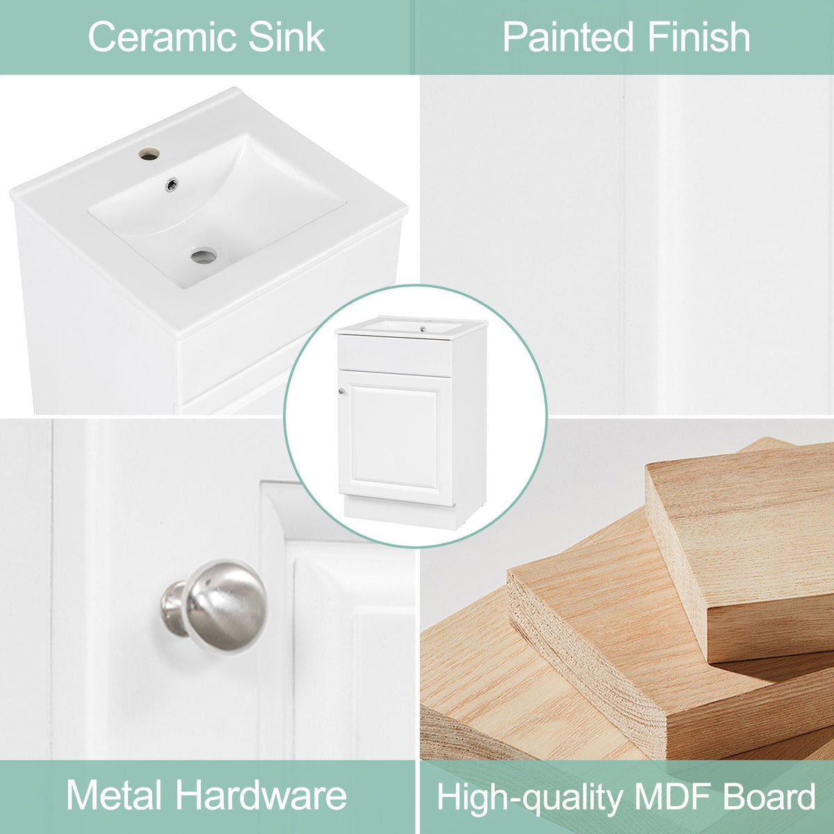 Bathroom Vanity with Sink and Adjustable Shelf - Multiple Colors