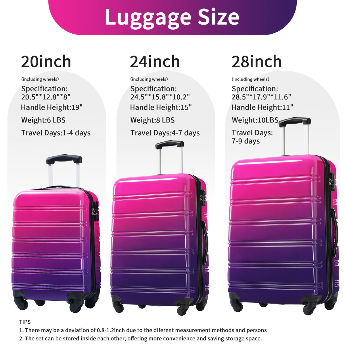Gradient Color Hardshell Luggage Set with Spinner Wheels and TSA Lock – Light Blue or Purple