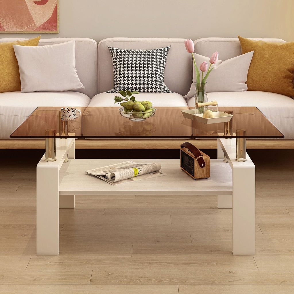 Modern Rectangular Coffee Table with Glass Top and Storage Shelf - White, Gray, Dark Gray, Dark Brown