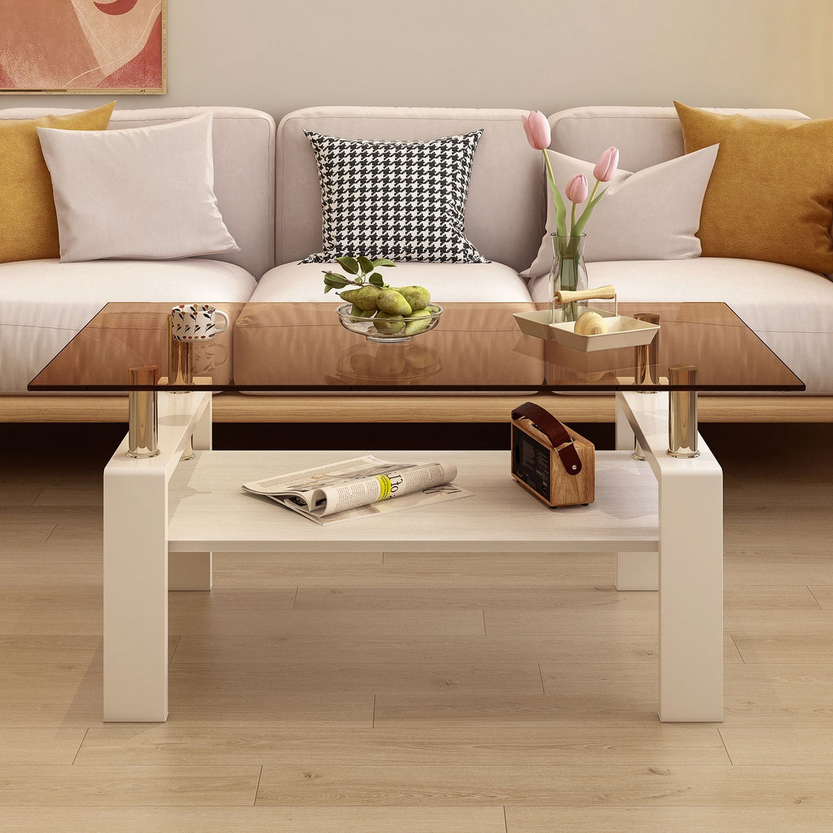 Modern Rectangular Coffee Table with Glass Top and Storage Shelf - White, Gray, Dark Gray, Dark Brown