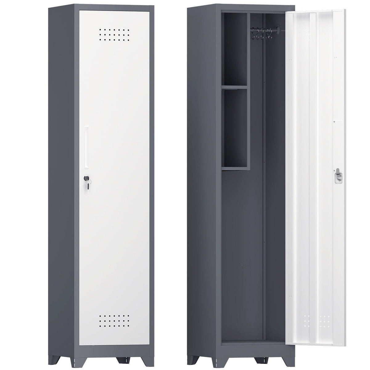 Broom Storage Cabinet Narrow Slim with Hooks and Shelves, Heavy-Duty