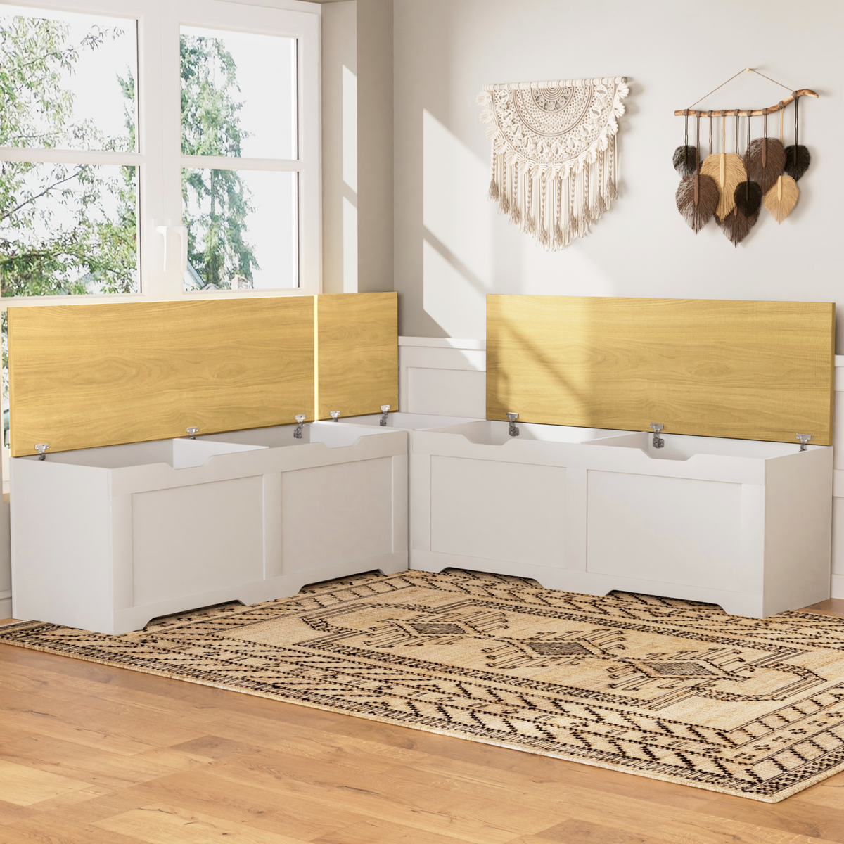 3-Piece L-Shaped Multi-Functional Storage Bench with Cushion - White/Natural