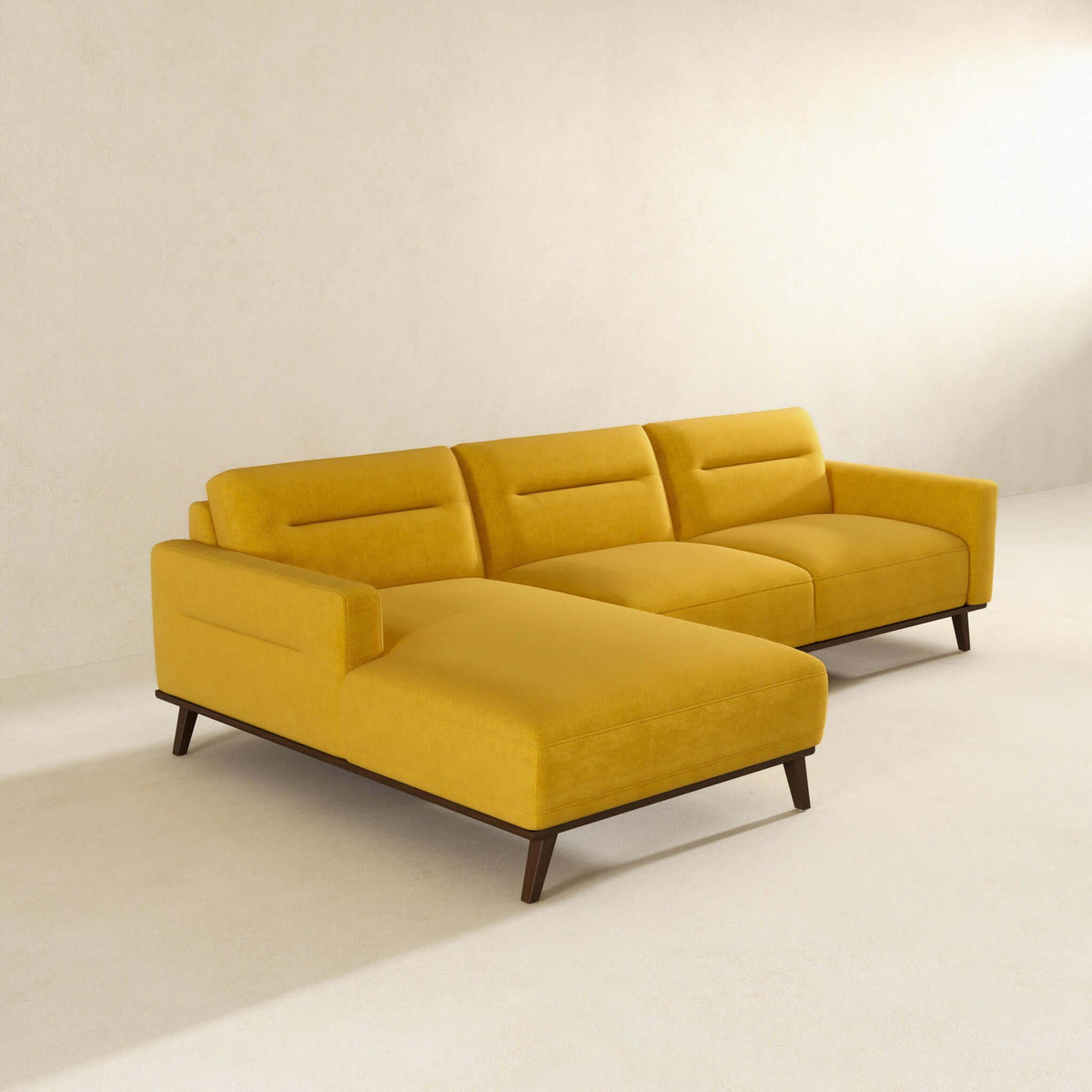 L-Shaped Sectional Couch with Solid Wood Frame and Vegan Upholstery - Yellow or Light Brown