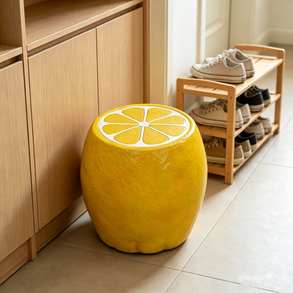 Yellow Lemon Fruit Stool with Playful Resin Design - Yellow