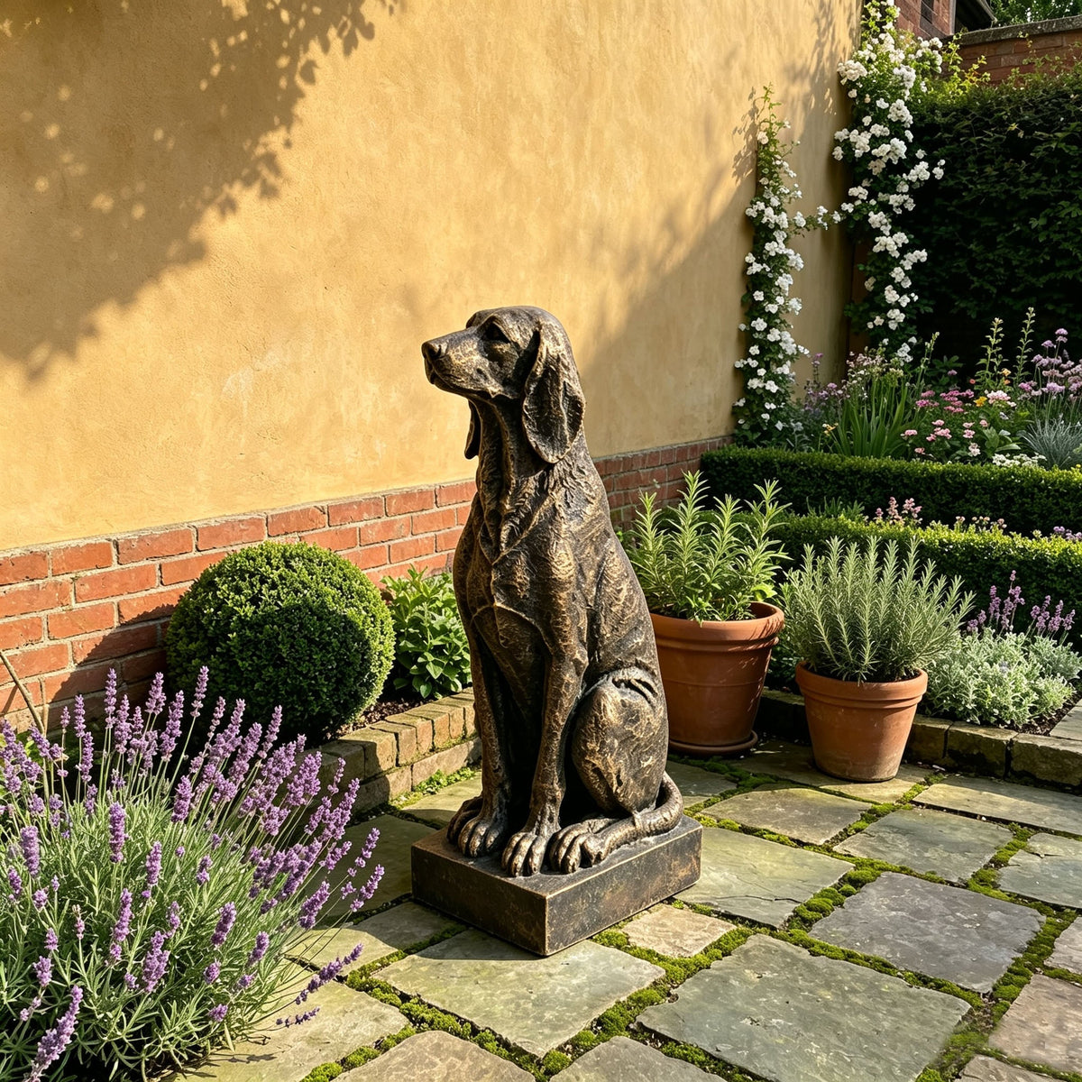 Vintage Bronze Sitting Hound Dog Statue with Antique Finish - Bronze