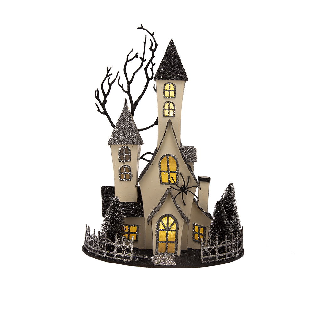 Cardboard Lighted Haunted House with Lights - Beige / Black